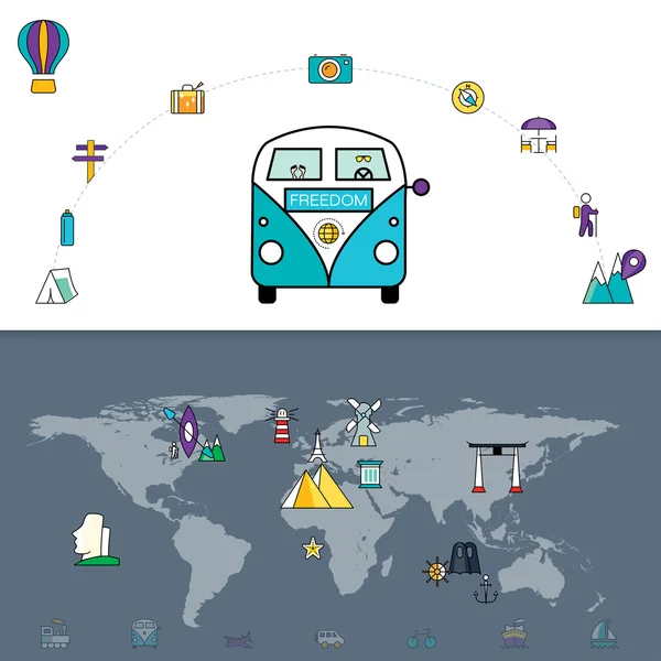 World travel concept. Line icon set of flat style designs. Touri — Stock Vector