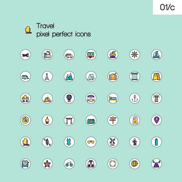 Travel and tourism modern line icons with flat design elements. Pixel perfect icons set. Outline symbol collection. Simple linear pictogram pack. — Stockový vektor