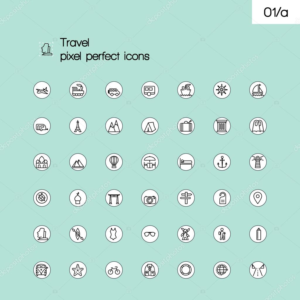 Travel and tourism modern thin line pixel perfect icons set. Out Stock ...