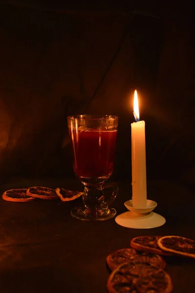 Group Burning Candles Mulled Wine Black Background — Stock Photo, Image