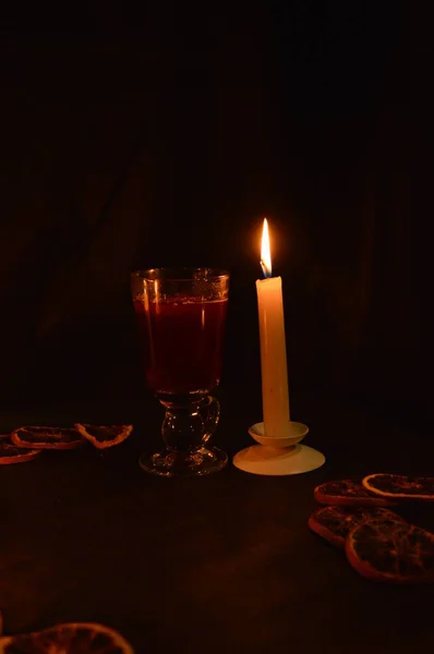 Group Burning Candles Mulled Wine Black Background — Stock Photo, Image