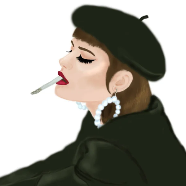 Jeune Femme Chapeau Fume Cigarette Illustration Portrait Mode — Photo