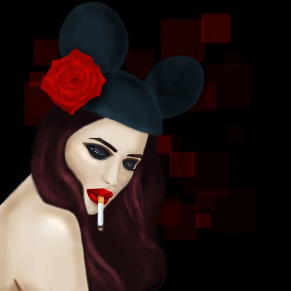 Mode Illustration Portrait Femme Avec Cigarette Lèvres Rouges — Photo