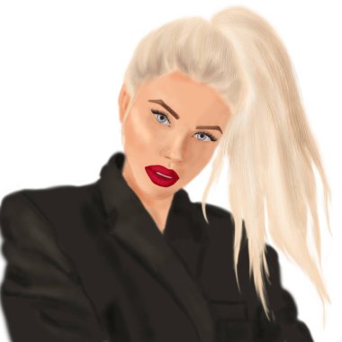 Kırmızı dudaklı çekici sarışın bir kadının portresi.