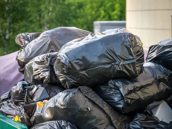 A lot of black plastic bags of garbage are dumped in a dumpster