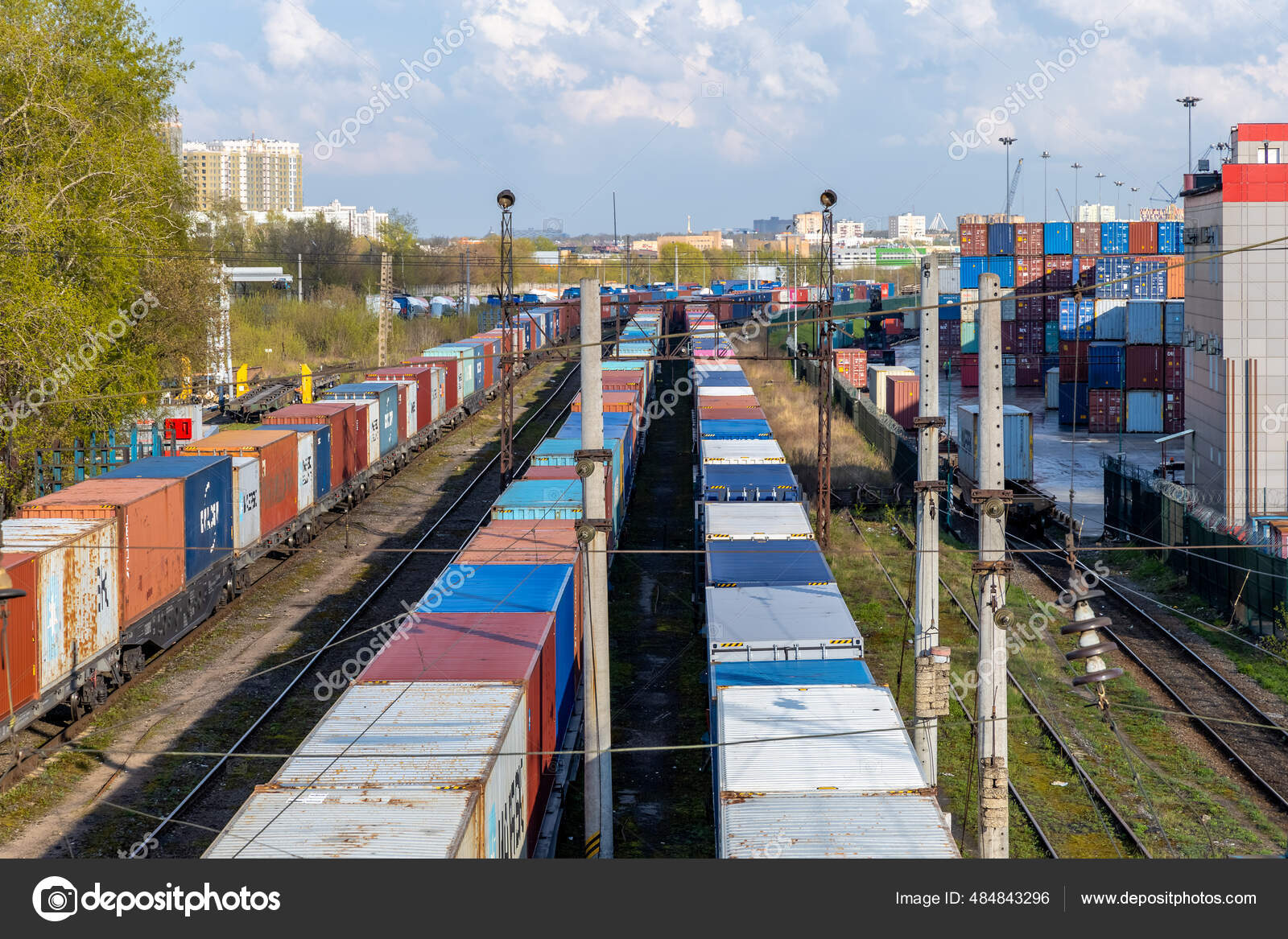 Freight trains with containers near logistic terminal in Moscow ...