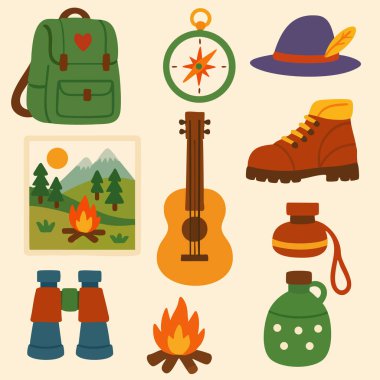 Kamp Macerası Kamp Pusula Kampı Yürüyüş haritası çadır gezintisi dürbünler tatil doğa yolculuğu el feneri parmak izi tasarım vektörü. Vektör illüstrasyonu