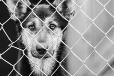 Köpek barınağındaki evsiz köpeğin siyah beyaz fotoğrafı. BW