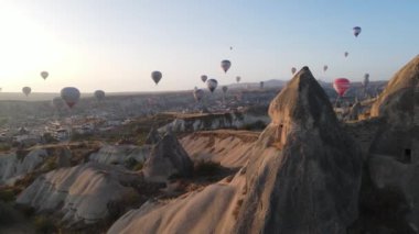 Cappadocia, Turkey : Balloons in the sky. Aerial view