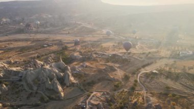 Cappadocia, Turkey : Balloons in the sky. Aerial view