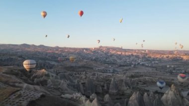 Cappadocia, Turkey : Balloons in the sky. Aerial view