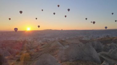 Cappadocia, Turkey : Balloons in the sky. Aerial view