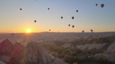 Cappadocia, Turkey : Balloons in the sky. Aerial view