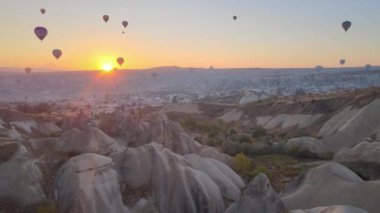 Cappadocia, Turkey : Balloons in the sky. Aerial view