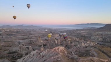 Cappadocia, Turkey : Balloons in the sky. Aerial view