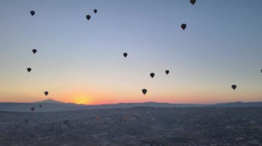 Cappadocia, Turkey : Balloons in the sky. Aerial view