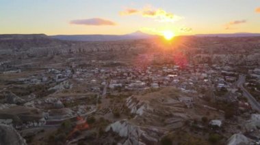 Sun over Goreme. Cappadocia, Turkey. Aerial view