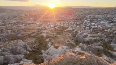 Sun over Goreme. Cappadocia, Turkey. Aerial view