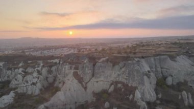 Sun over Goreme. Cappadocia, Turkey. Aerial view
