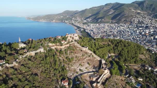 Widok z lotu ptaka na zamek Alanya - Alanya Kalesi. Turcja. Zwolniony ruch — Wideo stockowe