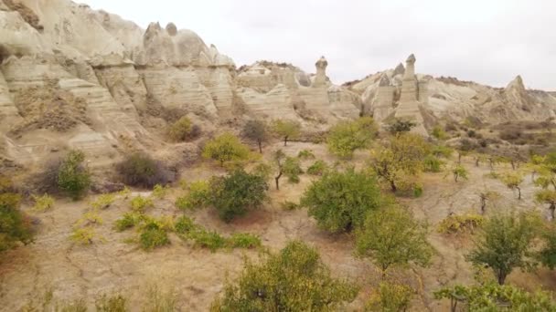 Aerial view of Cappadocia landscape. Turkey. Goreme National Park. Slow motion — Stock Video