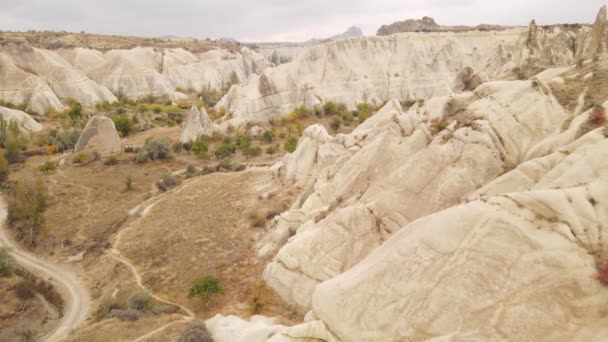 Widok z lotu ptaka na krajobraz Kapadocji. Turcja. Park Narodowy Goreme. Zwolniony ruch — Wideo stockowe