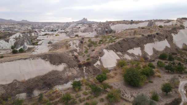 Flygfoto över Kappadokien landskap. Turkiet. Goreme National Park. Långsamma rörelser — Stockvideo