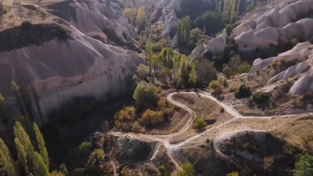 Widok z lotu ptaka na krajobraz Kapadocji. Turcja. Park Narodowy Goreme. Zwolniony ruch — Wideo stockowe