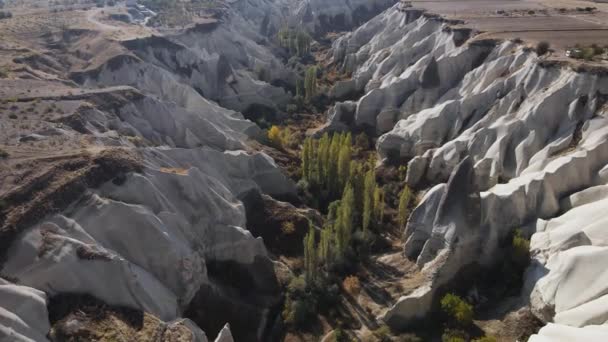 공중에서 카파도키아의 풍경을 볼 수있다. 터키. 고레 메 국립 공원. 느린 동작 — 비디오
