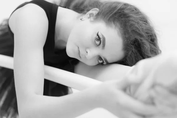 Black and white photo of flexible slender young girl ballerina. BW — Photo