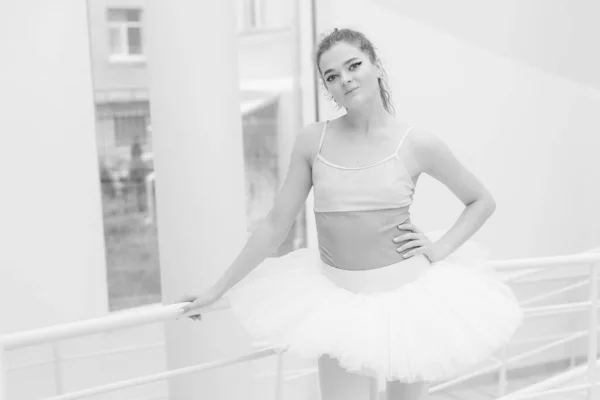 Black and white photo of flexible slender young girl ballerina. BW — Stok fotoğraf