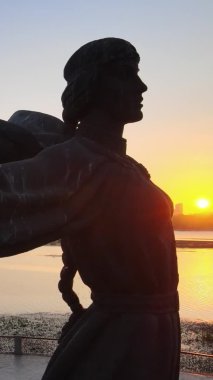 Dikey video - Şafak vakti şehrin kurucularının anıtı. Ukrayna