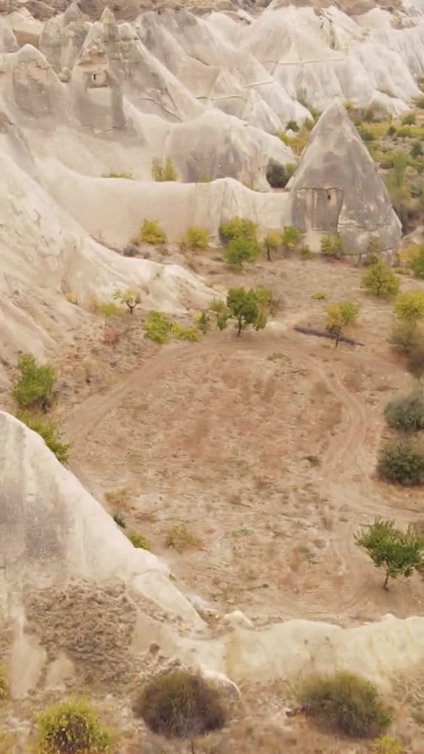 Vertikales Video Kappadokien Landschaft Luftaufnahme. Türkei. Goreme-Nationalpark — Stockvideo