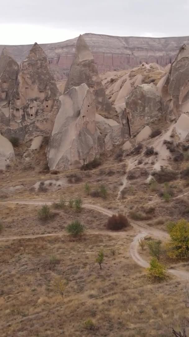 Video vertical Vista aérea del paisaje de Capadocia. Pavo. Parque Nacional Goreme — Vídeos de Stock