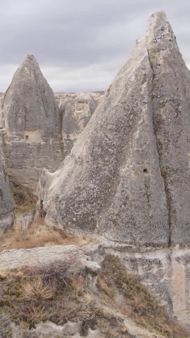 Dikey video Cappadocia manzara havası. Hindi. Goreme Ulusal Parkı — Stok video