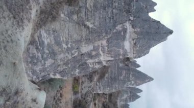 Dikey video Cappadocia manzara havası. Hindi. Goreme Ulusal Parkı