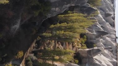 Dikey video Cappadocia manzara havası. Hindi. Goreme Ulusal Parkı
