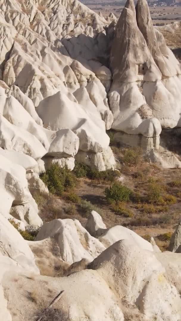 Pystysuora video Cappadocia maisema antenni näkymä. Kalkkunaa. Goremen kansallispuisto — kuvapankkivideo