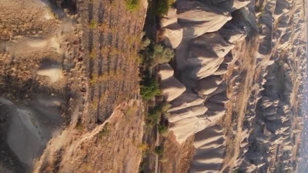 Pionowe wideo Cappadocia krajobraz widok z lotu ptaka. Turcja. Park Narodowy Goreme — Wideo stockowe