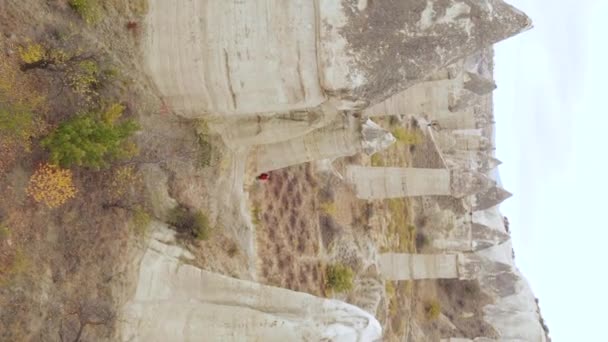 Verticale video Cappadocië landschap luchtfoto. Turkije. Nationaal park Goreme — Stockvideo