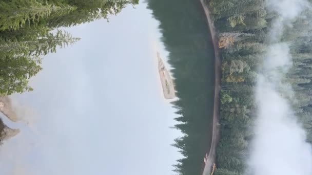 Vertikales Video Bergsee Synevyr. Luftaufnahme der Karpaten im Herbst. Ukraine — Stockvideo