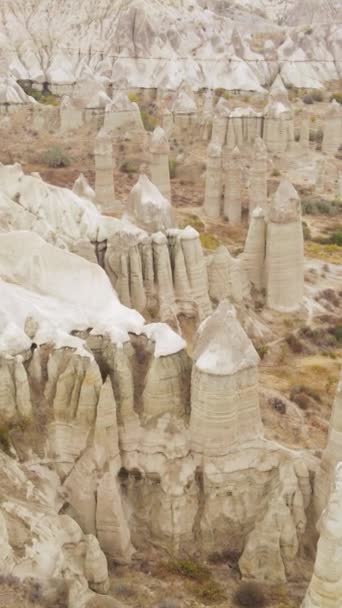 Αεροφωτογραφία τοπίου Καππαδοκίας. Τουρκία. Εθνικό Πάρκο Goreme. Κάθετη βίντεο — Αρχείο Βίντεο