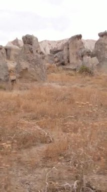 Kapadokya hava manzarası. Hindi. Goreme Ulusal Parkı. Dikey video