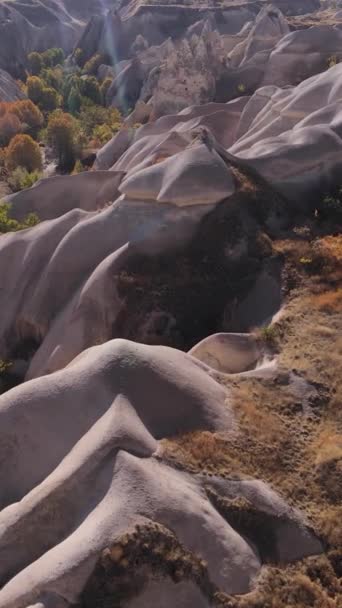 Kappadokia krajina letecký pohled. Krocan. Národní park Goreme. Svislé video — Stock video