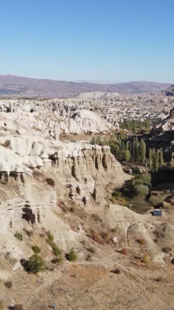 Αεροφωτογραφία τοπίου Καππαδοκίας. Τουρκία. Εθνικό Πάρκο Goreme. Κάθετη βίντεο — Αρχείο Βίντεο