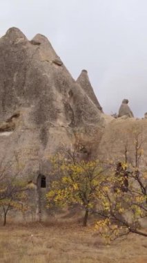 Kapadokya hava manzarası. Hindi. Goreme Ulusal Parkı. Dikey video