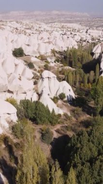 Kapadokya hava manzarası. Hindi. Goreme Ulusal Parkı. Dikey video