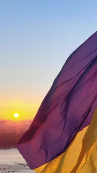 Vídeo vertical Bandeira nacional da Ucrânia por dia. Vista aérea. — Vídeo de Stock