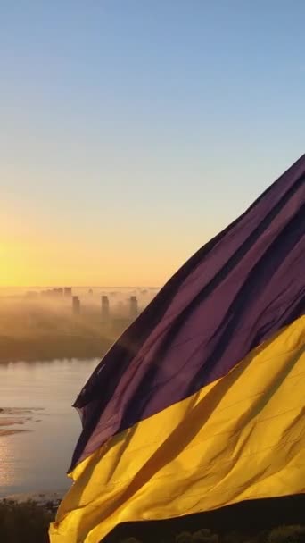 Κάθετη βίντεο Εθνική σημαία της Ουκρανίας την ημέρα. Αεροφωτογραφία. — Αρχείο Βίντεο