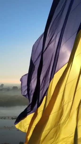 Gündüz Ukrayna 'nın dikey ulusal bayrağı. Hava görünümü. — Stok video